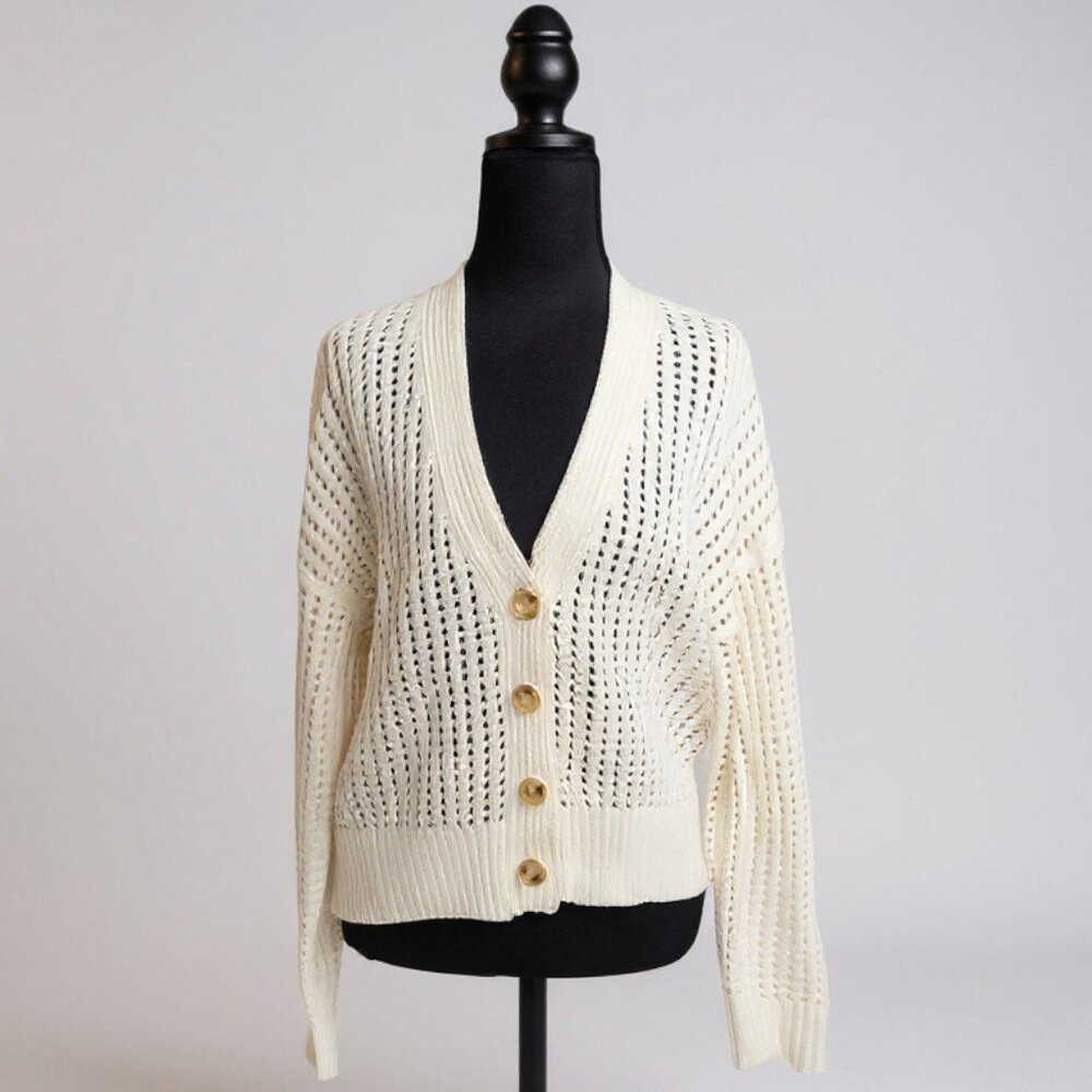 GREYLIN Ivory Crochet Knit V Neck Button Front Cardigan Sweater Womens Medium